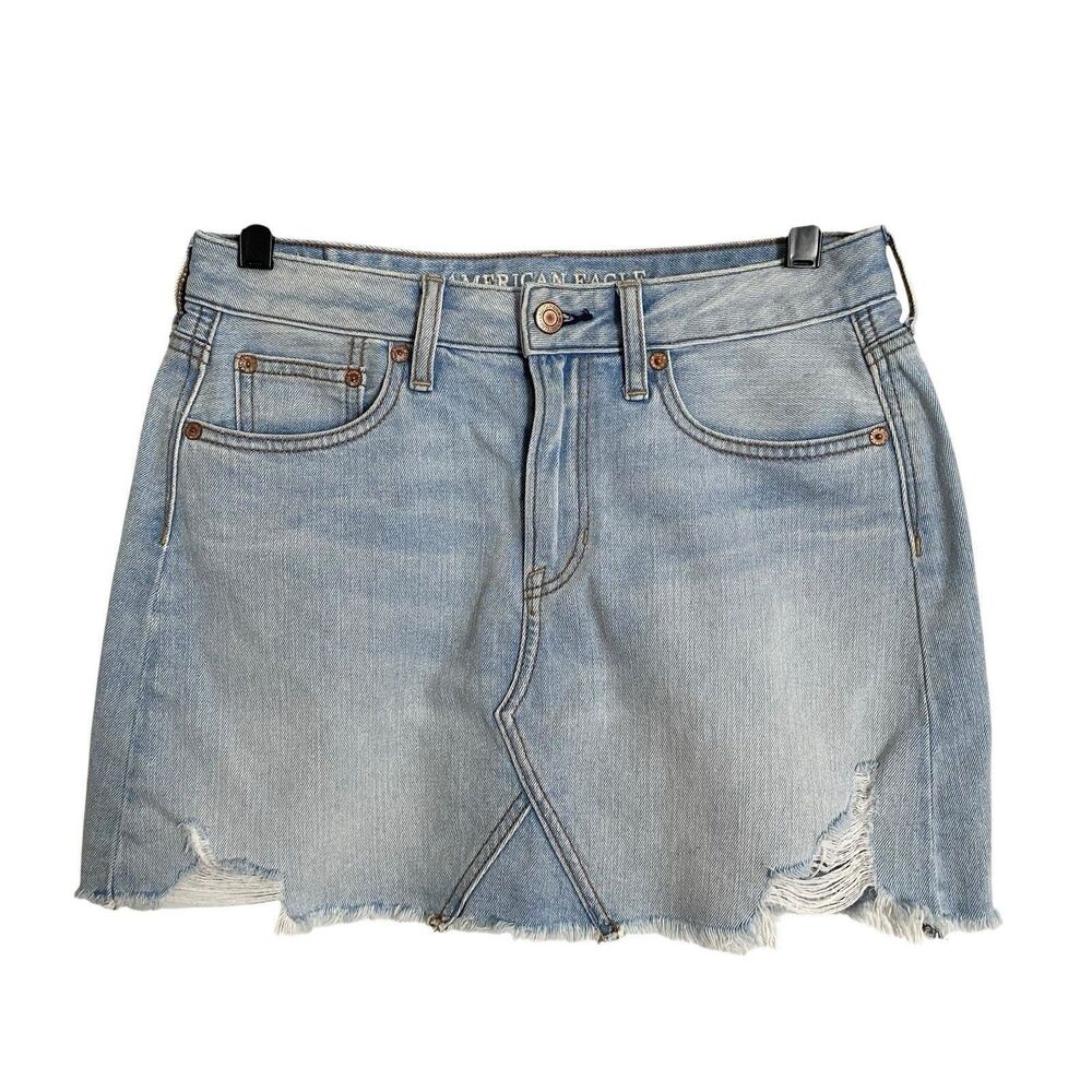 American Eagle Outfitter Mini Short Denim Jean Skirt Womens 4 Distressed Blue